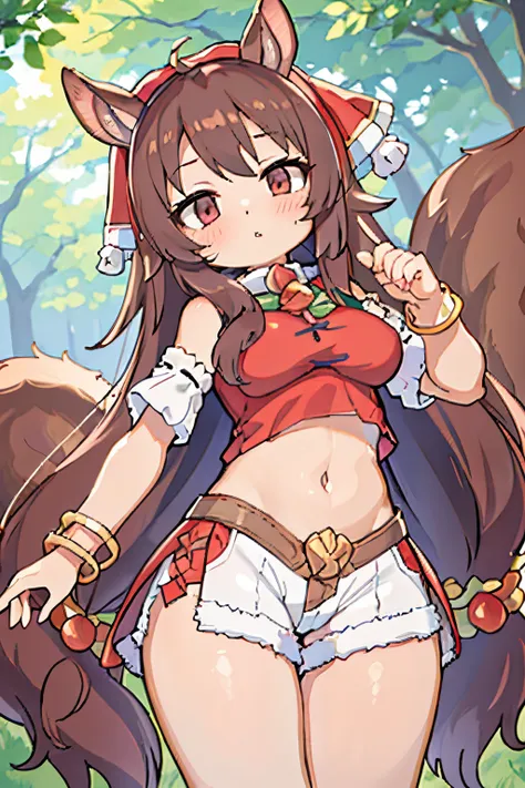 rin, brown hair, very long hair, head scarf, squirrel tail, large breasts, red crop top, detached short sleeves, white shorts, b...