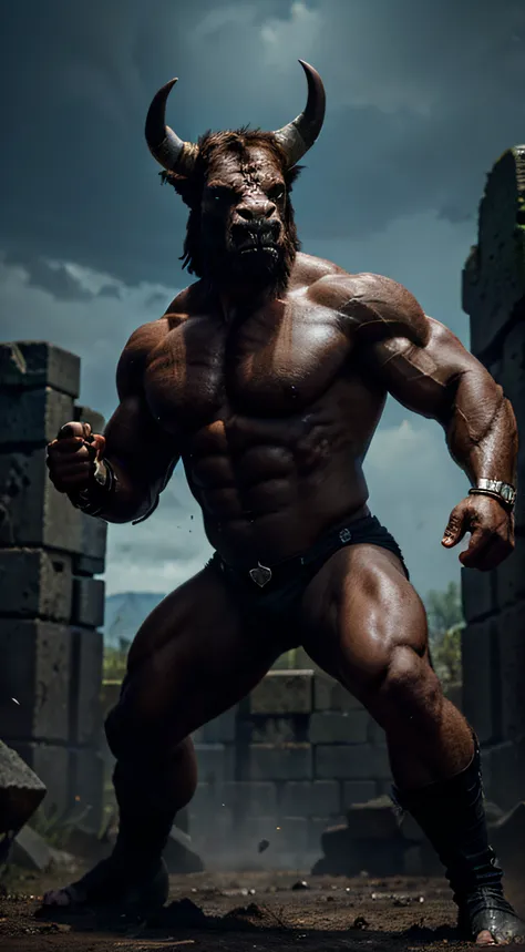 (minotauro:1.1),detailed,warrior pose,angry expression,imposing presence,[bull horns],muscular build,[powerful hooves],fierce eyes,mythological creature,dark lighting,ominous atmosphere,ancient ruins,battlefield,[stone texture],epic battle,ferocious streng...