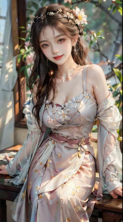 ((The upper part of the body)), ((from below)), ((actual)), 1 Asian female model, A young girl, (closeup cleavage), (Being in the room, Sit Pose, Leaning against the dresser), look out the window, Pleasing posture, Various postures attract attention, detai...