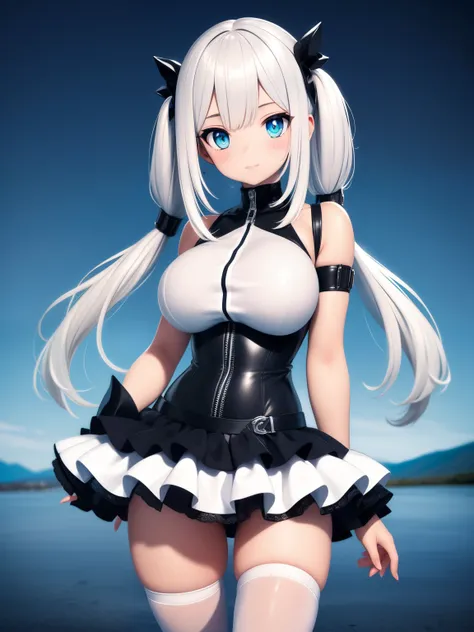 big breasts beautiful， Young woman， In the crystal and ice zone， drifting snow， ride horse， White hours， Gradient hair， White hair， white hairs， twintail hair， eyes reflection， disdain， Ray traching， reflective light， blurry， Glowing light， depth of fields...