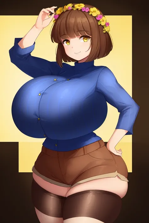 ((best quality)), ((masterpiece)), (detailed), Undertale Frisk, brown hair, (brown shorts:1.3), bob cut, short hair, black pantyhose, (blue shirt:1.3), yellow eyes, (1girl:1.3), (solo:1.3), striped, striped shirt, smiling, flower crown, (huge hips:1.3), (l...