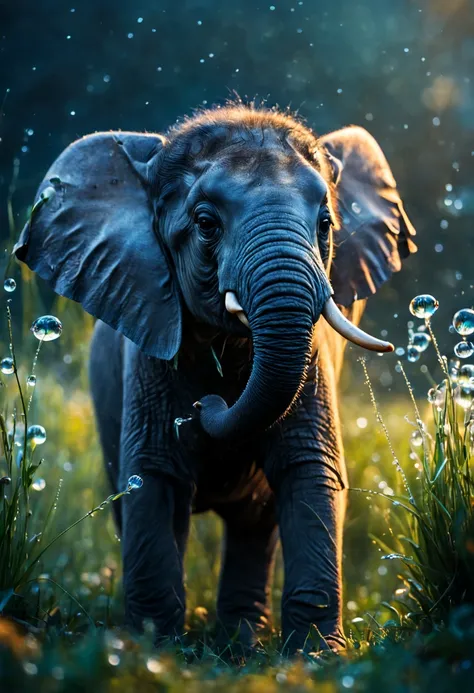 In this marvelous work of art, a whimsical and endearing scene comes to life. At the center, a captivating macro photograph captures the heartwarming sight of a tiny, adorable elephant joyously playing with a fairy. The vibrant grass, adorned with dew drop...