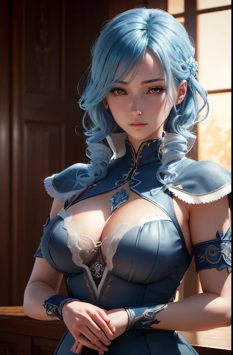 Ultra-detailed and complex 3D rendering of beautiful anime characters, Beautiful Soft Studio Lights, Rim Light, vibrant detail,Luxurious, Lace, Hyper-realistic, Blue hair, Show an intimate part in the medieval world of ultra-realism, Holding a sword