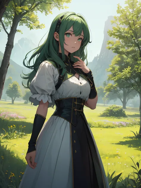 In a green meadow stands a girl leading a group of knights.
BREAK
With a brave expression, she guides them towards their destination.
BREAK
Behind her, a green forest stretches out and beyond that, mountains rise in the distance.
BREAK
The most suitable ef...