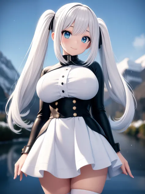 big breasts beautiful， Young woman， In the crystal and ice zone， drifting snow， ride horse， White hours， Gradient hair， White hair， white hairs， twintail hair， eyes reflection， disdain， Ray traching， reflective light， blurry， Glowing light， depth of fields...