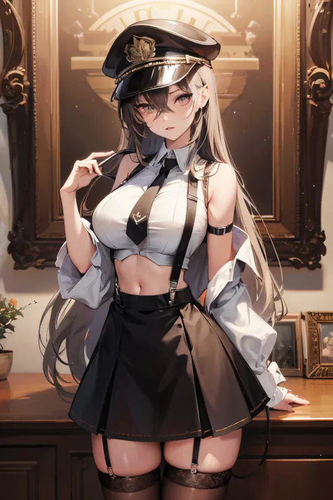 1girl, (large breasts:1.2), narrow waist, spiky hair hair, long hair, standing,  suspender skirt, sleeveless shirt, garter straps, thighhighs, belt, necktie, navel || peaked cap,