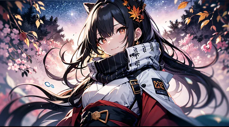 （（tmasterpiece：1.4，Best quality at best））+，（hyper-detailing）+，（Ultra-detailed eyes）+，（long black scarf：1.5），
（cute girls），15year old，（Orange eyes：1.15），starry sky long hair，ssmile，Black earrings，Empty eyes
（She is wearing a black samurai uniform，Sakura&#39...