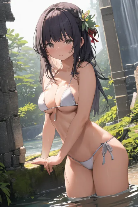 braidedhair、With bangs、Innocent、18 years old、((White tiny micro bikini 1：5))、((wet swimsuit:1.1))、,In the ruins of Tokyo、Destroyed、,perfect litthing, focused only,Full, large breasts,big assa、 front angle