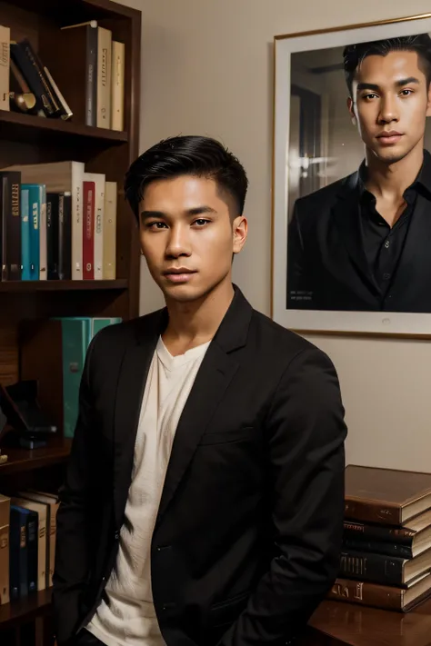 (best quality, portrait, professional: 1.2), man in his twenties, extremely handsome, Filipino, dressed in a black blazer and shirt, posing for a professional psychology photo, with a background of psychology books.