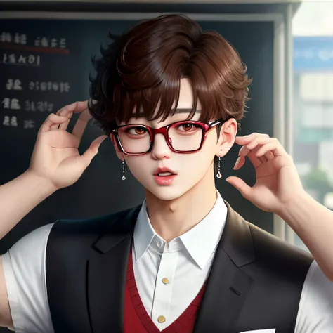 Jungkook with round eyes, nerd