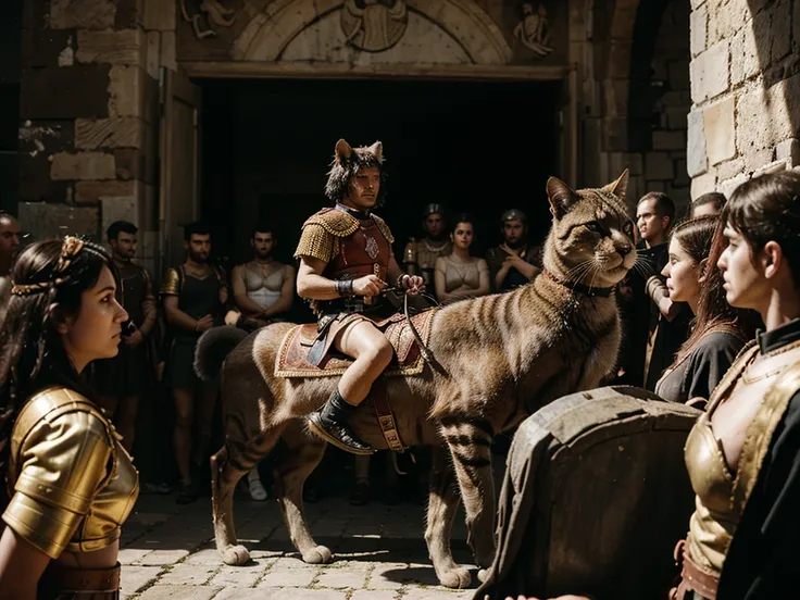 Cinematic photo of a cat - a Roman general leading the Roman army, anthropomorphic cat dressed as a Roman general, Hyper-realistic, Dramatic atmosphere, cinematic still, Film grain, hyperdelicated