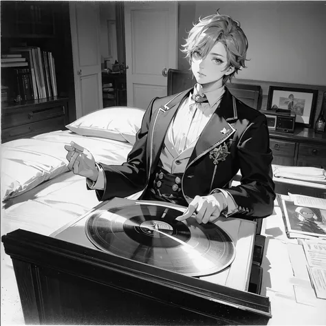 Male child、a room、 top-quality, Poses, Correct anatomy, Beautiful body curves, Sketch beech, Daily Draw, vestments, Pencil、black-and-white、monochromes、man playing records、Vintage、Granblue Fantasy