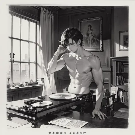 Male child、a room、 top-quality, Poses, Correct anatomy, Beautiful body curves, Sketch beech, Daily Draw, vestments, Pencil、black-and-white、monochromes、man playing records、Vintage、Granblue Fantasy