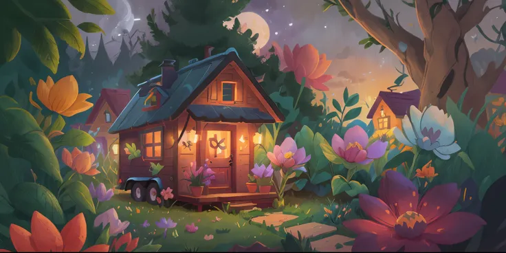 Night, Tiny house, flower