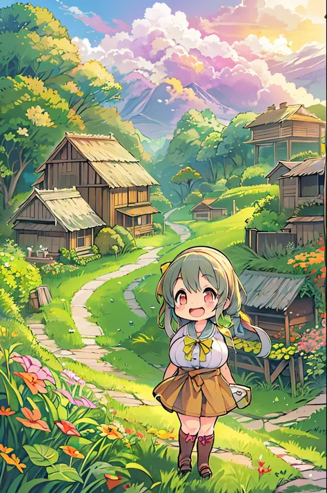 huge-breasted、kawaii、8 years old girl、a big smile on my face,Chibi, beautiful anime scene, Anime landscapes, Anime Background, Beautiful anime scenery, Beautiful peace scenes in anime, Farming