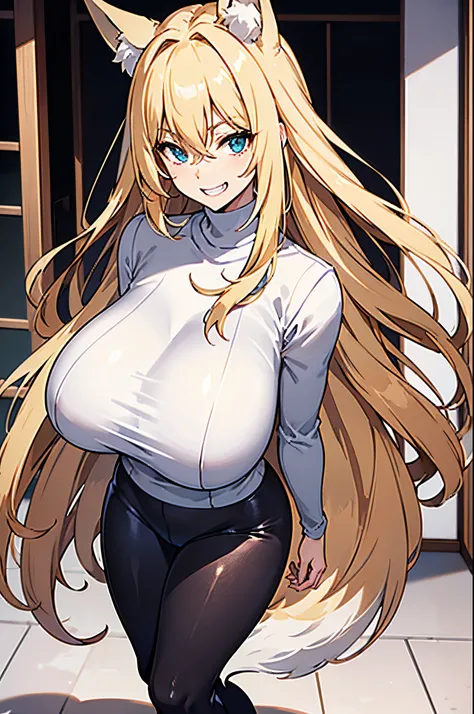 Long blonde hair, Japanese, gigantic chest, tight clothing, (black leggings:1.2), (white turtleneck:1.6), big thighs, sadistic grin, (Fox girl:1.2), half body, big eyes