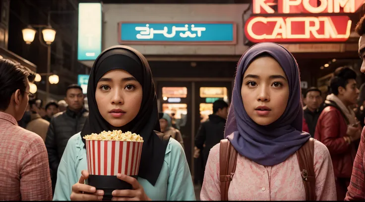 Quirky scene | Symmetrical framing | Nostalgia | Vintage cinema | 1 Malay girl in hijab and 1 malay man as a couple eating popcorn and surprised with mouth opened | Cinema front view | Pastel colors | in the style of Grand Budapest Hotel directed by Wes An...