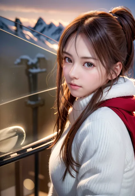 8K, of the highest quality, masutepiece:1.2), (Realistic, Photorealsitic:1.37), of the highest quality, masutepiece, Beautiful young woman, Pensive expression,、A charming、and an inviting look, skiing、snowboarder、Ski Wear, Hair tied back, Cinematic backgrou...