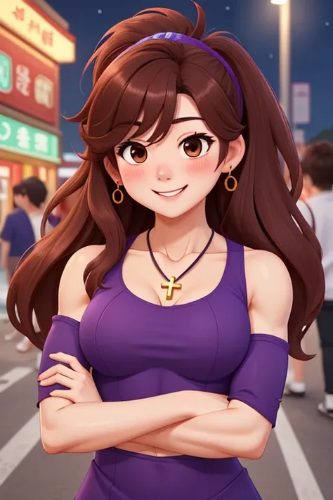 attractive korean woman, ripped muscle, muscular body, small breast, pale skin, smile(blush), purple dress, cross pendant, sixpack abs, [ultra detailed skin:1.2], brown hair, messy hair, 8k uhd, full body, standing, crowd, public, night,