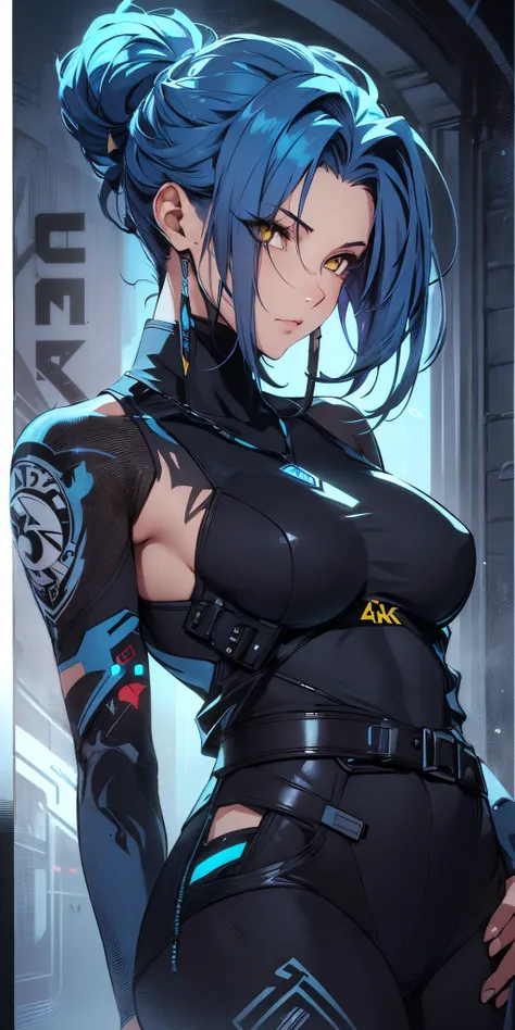 1female, blue hair, yellow eyes, wearing modern combat suit, beautiful, model, 4k, official art, highly detailed, masterpiece