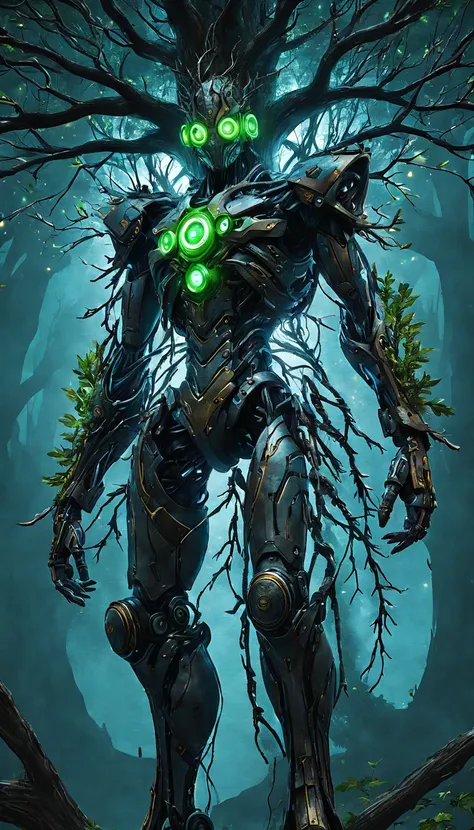 （Best quality at best，4k，8k，Tall structures，tmasterpiece：1.2），super-fine，（realisticlying，photograph realistic，photoreali：1.37），Cyberpunk Treeman，metal leaves，wired branches，Glowing eyes and mouth，mechanical body parts，control tendrils extending from the ar...