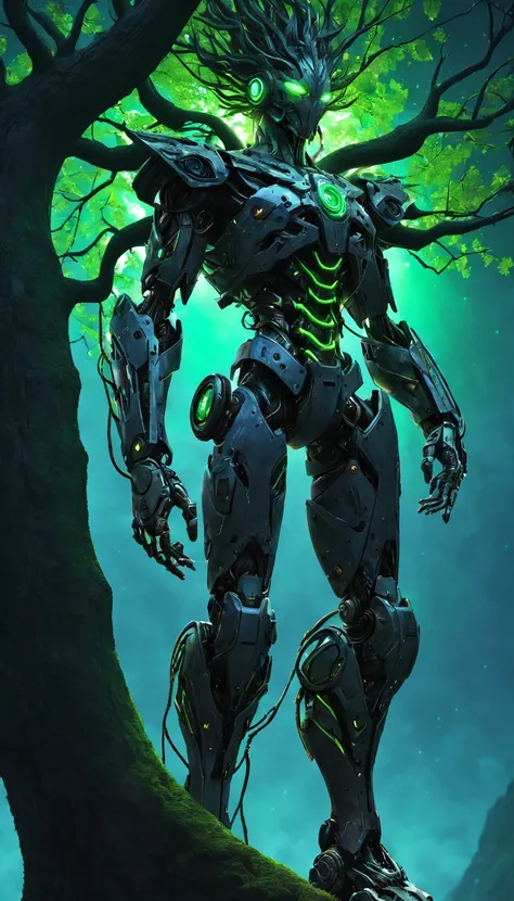 （Best quality at best，4k，8k，Tall structures，tmasterpiece：1.2），super-fine，（realisticlying，photograph realistic，photoreali：1.37），Cyberpunk Treeman，metal leaves，wired branches，Glowing eyes and mouth，mechanical body parts，control tendrils extending from the ar...