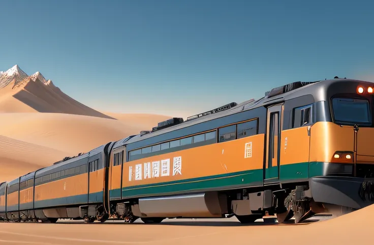 speeding train，surrounded by wilderness，sand dune，4K Ultra HD, 超高分辨率, (realisticlying: 1.4), Best quality at best，tmasterpiece