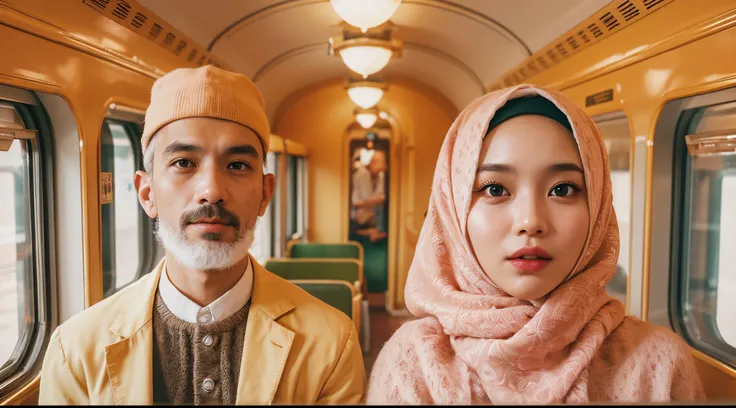 Quirky scene | Symmetrical framing | Nostalgia | Vintage train | 1 Malay girl in hijab and 1 malay man as a couple in a train surprised with mouth opened |  inside train view | Pastel colors | in the style of Grand Budapest Hotel directed by Wes Anderson ,...