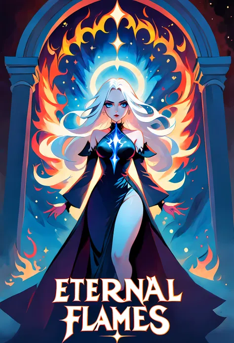 (symmetrical:1.5), movie poster - poster of a movie with the big ((title "eternal flames")), a captivating and mysterious hot ((...