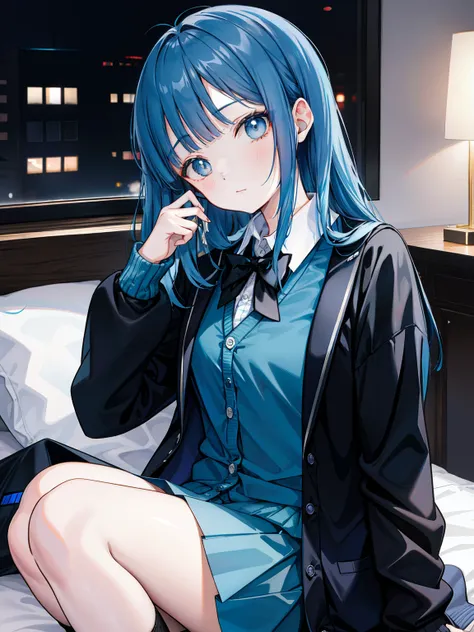 Blunt bangs、1girl in,night bedroom、Blue hair、Black tie、light blue cardigan、Black miniskirt、Shining eyes、half up、