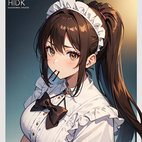 "anime girl, 1 person, dark brown hair, ponytail, ponytail, hair tied, brown eyes, hair tie in mouth, maid, maid, big breasts, blushing, solo, side view  front, (full HD 4K+ image )"