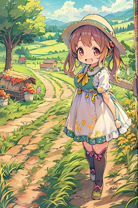 huge-breasted、kawaii、8 years old girl、a big smile on my face,Chibi, beautiful anime scene, country scenery, Anime Background, Beautiful anime scenery, Beautiful peace scenes in anime, Farming、farmhouse