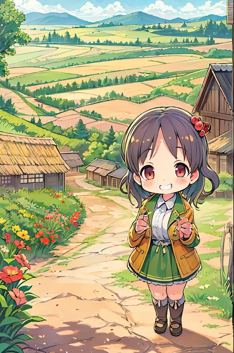 huge-breasted、kawaii、8 years old girl、a big smile on my face,Chibi, beautiful anime scene, country scenery, Anime Background, Beautiful anime scenery, Beautiful peace scenes in anime, Farming、farmhouse