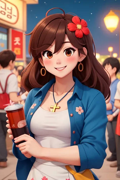 attractive korean woman, ripped muscle, muscular body, small breast, pale skin, smile(blush), flower pattern dress, cross pendant, sixpack abs, [ultra detailed skin:1.2], brown hair, messy hair, 8k uhd, full body, standing, crowd, public, night,