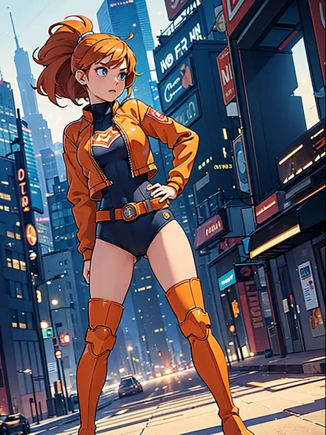 masterpiece, best quality, 1girl, superhero, leotard, bare legs, knee boots, matching boots, heroic, city backdrop, standing, body infused with energy, light particles, solo, single, cowboy shot, perfect anatomy, hand on hip, orange hair, beautiful detaile...