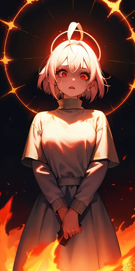 1girl, short white hair, reddish pink eyes, albino, fire witch, blood dripping from forehead, light particles, light rays, wallpaper, high contrast, colorful, sweater dress, scared expression, fullbody, flames from mouth, two hands holding sides of her hea...