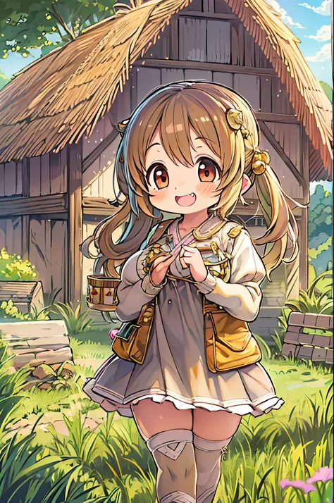 huge-breasted、kawaii、8 years old girl、a big smile on my face,Chibi, beautiful anime scene, country scenery, Background of the field, Beautiful anime scenery, Beautiful peace scenes in anime, Farming、farmhouse