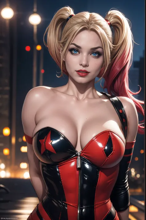 straight-on,upper-body,looking a viewer, break, cartoony_harley quinn ,lipstick,blue eyes,makeup,lips,large breasts,鎖骨,red-lips,...