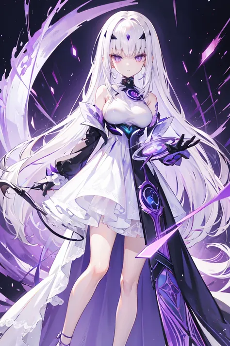 White-haired woman,Aura around,Beautiful purple eyes,White gauze dress, thin, Purple cloth covers all vital organs except the face.................., Wear a knee-length white dress...................,The arm does not reach the top of the hip..................