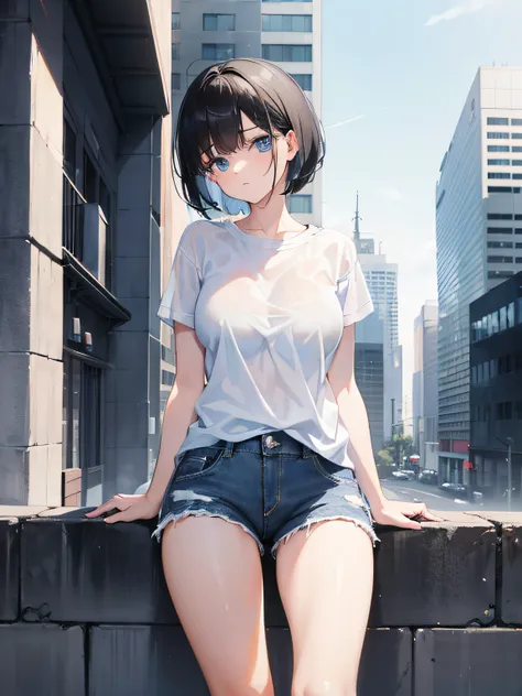 1girl, short black hair, blue eyes, wearing plain white shirt, denim shorts, city, absurdres, high res, ultrasharp, 8K, masterpiece, looking at viewer