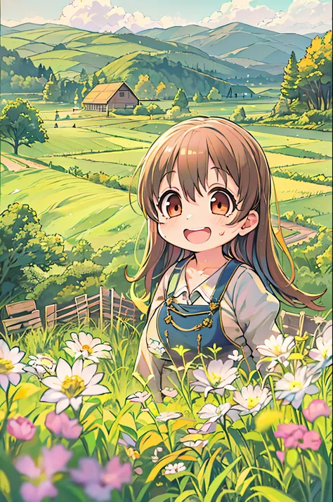 huge-breasted、kawaii、8 years old girl、a big smile on my face,Chibi, beautiful anime scene, country scenery, Background of the field, Beautiful anime scenery, Beautiful peace scenes in anime, Farming、farmhouse