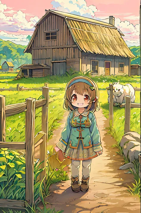 huge-breasted、kawaii、8 years old girl、a big smile on my face,Chibi, beautiful anime scene, country scenery, Background of the field, Beautiful anime scenery, Beautiful peace scenes in anime, Farming、farmhouse