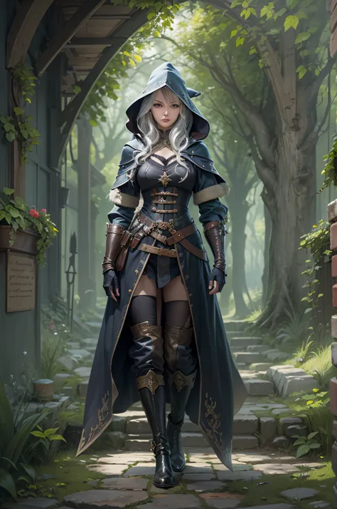 medieval setting, full view of body, 1 female elf mage,beatiful eyes, silver hair, black mage robe with gambeson, wizard hat, leather boots