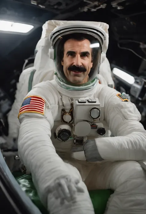 An image of Borat dressed as an astronaut, floating in zero gravity inside a space station.,original,His appearance is marked by a distinctive mustache, a suit of gray or brown, and often a bright green thong swimsuit. He exhibits a strong Kazakhstani acce...