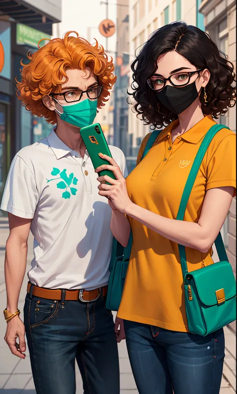 cartoon pixar of a son and mother. the mother wearing neon orange polo shirt with curly hair and gold sling bag. the son wearing white shirt with green prints , black mask , eye glasses and holding a phone in front of his face. they are close to each other...