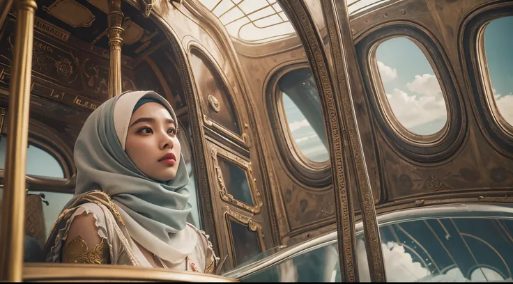 Position the Malay girl in hijab aboard a fantastical airship sailing through the skies. Shes part of an airborne journey filled with wonder and discovery,  high quality, ultra detail, 8k, cinematic color, 28mm, Establishing shot, muted color grading, cine...