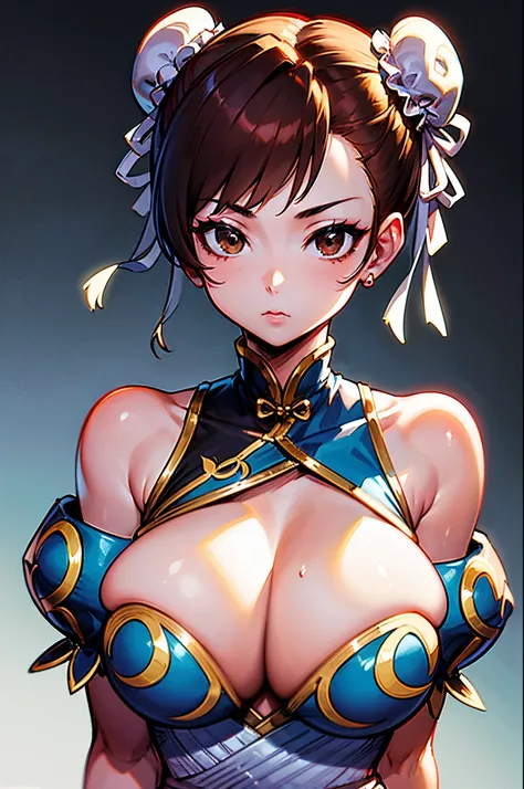 Chun-li, 40_years_old, mature looking woman, MILF, (1girl), solo:1.4,  portrait of chun-li, (brown_eyes, short_hair, brown_hair, double_bun), oppai, masterpiece, best quality, ultra-detailed, illustration, epic lighting, cinematic composition, red hair cli...