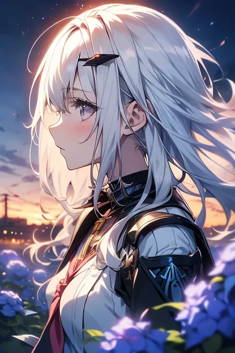 white haired anime girl ,pale skin, black wings and blue flowers, detailed anime artwork, major anime art in detail, digital art...