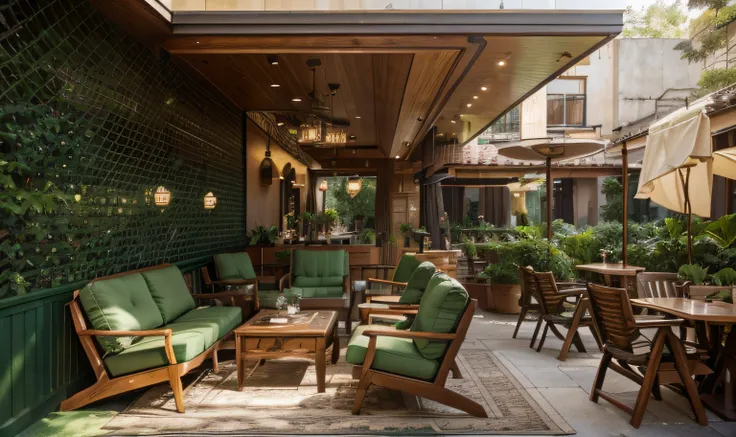 The exterior and interior design of the traditional-style café, combining the deep jewel tone of emerald green with classic pastel colors, warm wood tones, gold accents complementing earthy hues, patterned fabrics, along with an open and nature-integrated ...