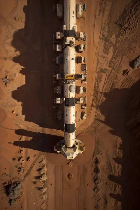 On Mars, a huge cutting-edge drilling machine is at work. The Martian ground is dotted with metallic texture and many mining workers. Bright pictures, different machines, starry sky, daytime, digging into large mechanical details, super wide angle, birds e...